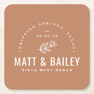 Modern Bloom Wedding Monogram   Terra Cotta Square Paper Coaster