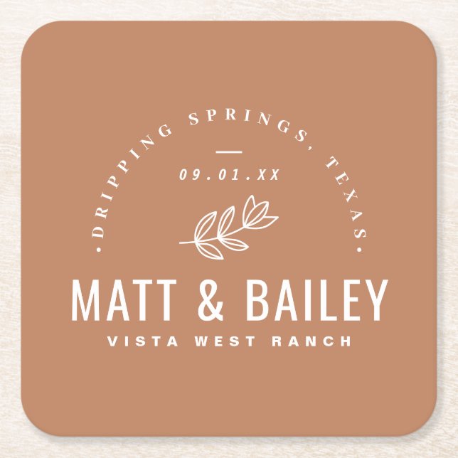 Modern Bloom Wedding Monogram | Terra Cotta Square Paper Coaster (Front)