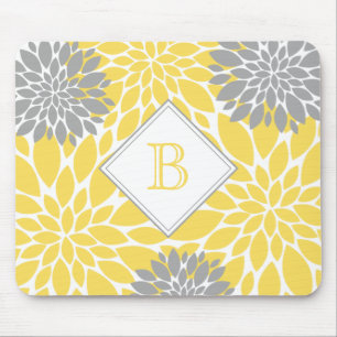 Modern Blooms, Initial Monogram, Yellow Grey Mouse Mat