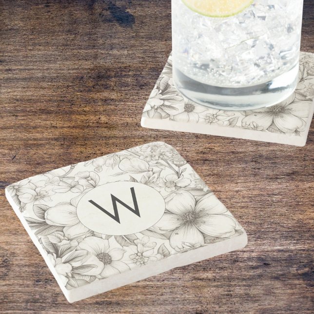 Modern Blooms Monogram  Stone Coaster (Creator Uploaded)