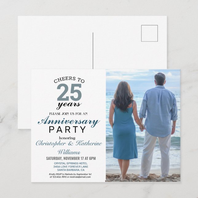 Modern Blue 25th Silver Wedding Anniversary Invite Postcard (Front/Back)