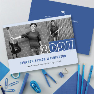 Modern Blue 2 Photo Blocks Simple Graduation Party Invitation