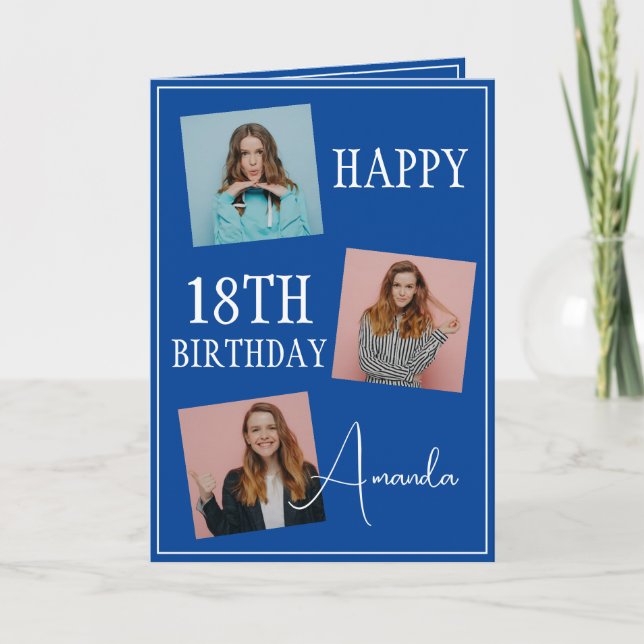 Modern Blue 3 Photo Collage 18th Birthday Card (Front)
