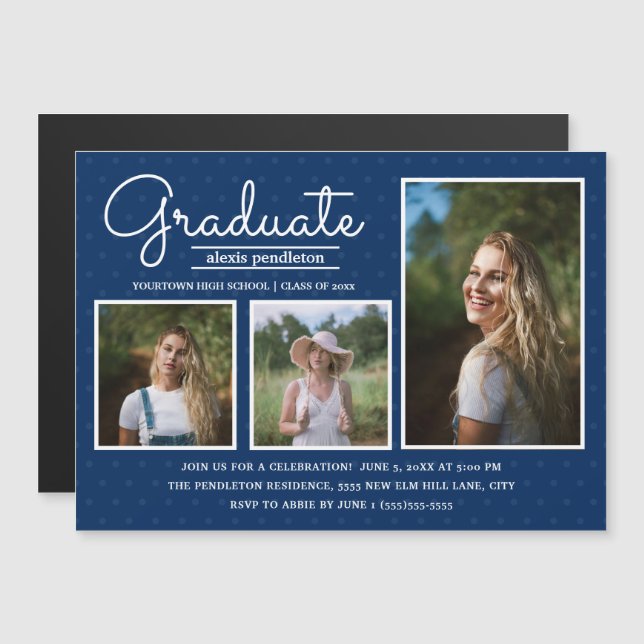 Modern Blue 3 Photo Graduation Party Announcement (Front/Back)