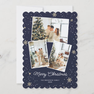Modern Blue 3 Photo Snowflake Christmas Card