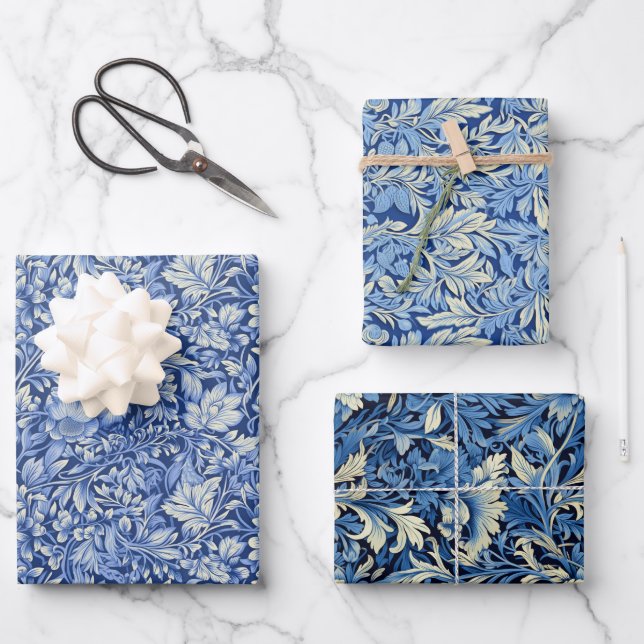 Modern Blue 3D Floral Leaves Wallpaper Design Wrapping Paper Sheet (Front)