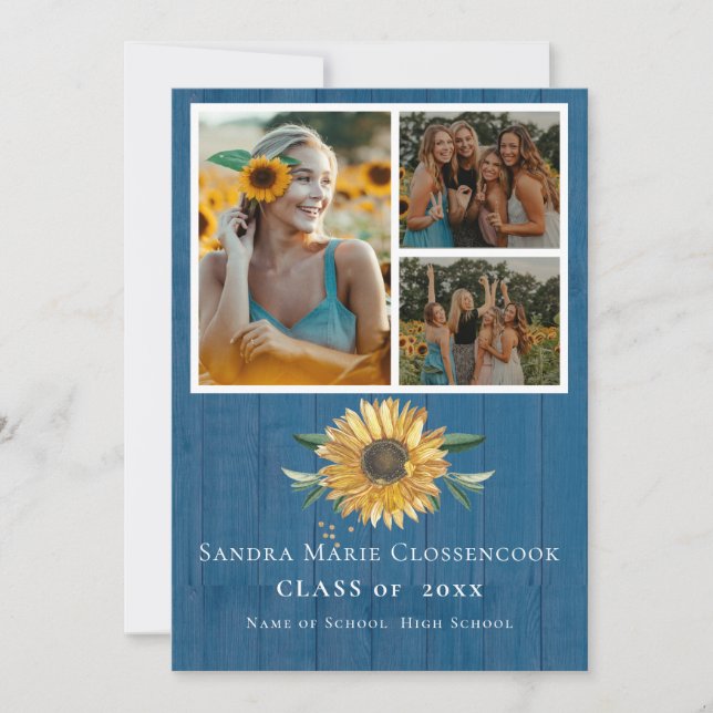 Modern Blue 4 Photo Collage Sunflower graduation Announcement (Front)