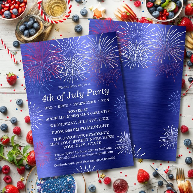 Modern Blue 4th of July Fireworks BBQ Invitation (Modern Blue 4th of July Fireworks BBQ Invitation)