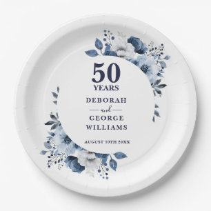 Modern Blue 50th Wedding Anniversary Greenery Paper Plate