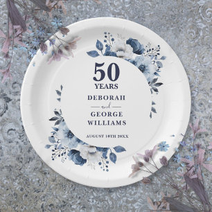 Modern Blue 50th Wedding Anniversary Greenery Paper Plate
