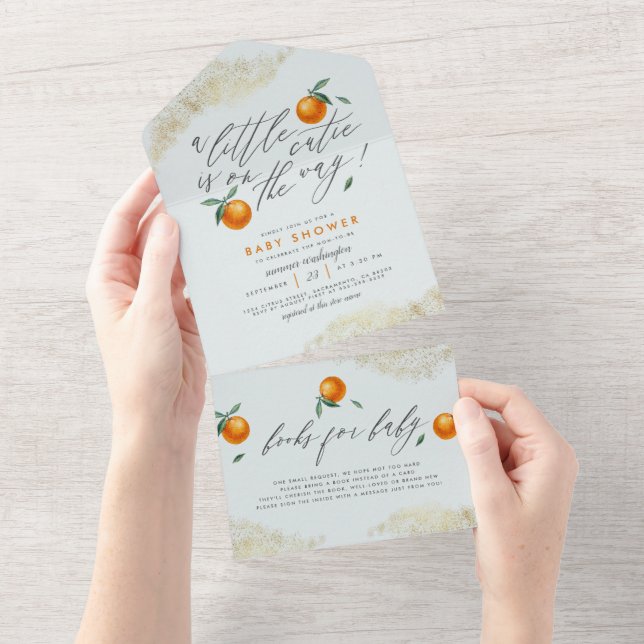 Modern Blue A Little Cutie Orange Baby Shower All In One Invitation (Tearaway)