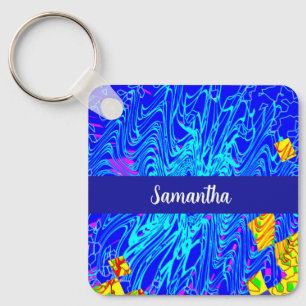 Modern Blue Abstract Art Painting Key Ring