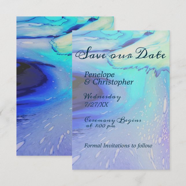 Modern Blue Abstract Beach Wedding Save the Date (Front/Back)