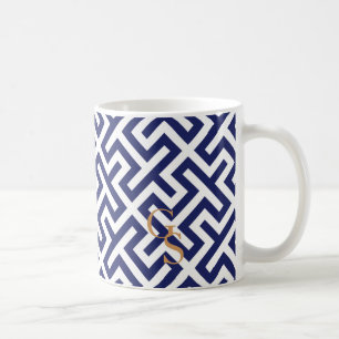 Modern blue abstract geometric patterns monogram coffee mug