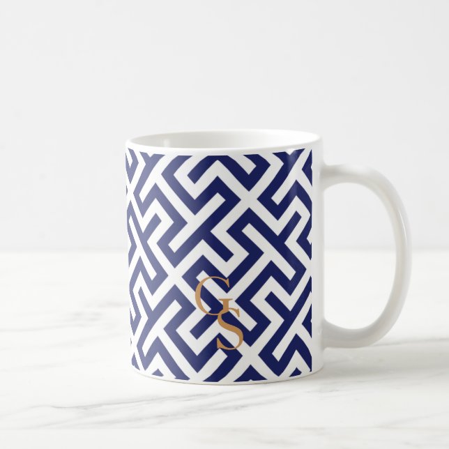 Modern blue abstract geometric patterns monogram coffee mug (Right)
