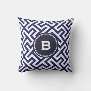 Modern blue abstract geometric patterns monogram cushion