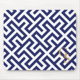 Modern blue abstract geometric patterns monogram mouse mat
