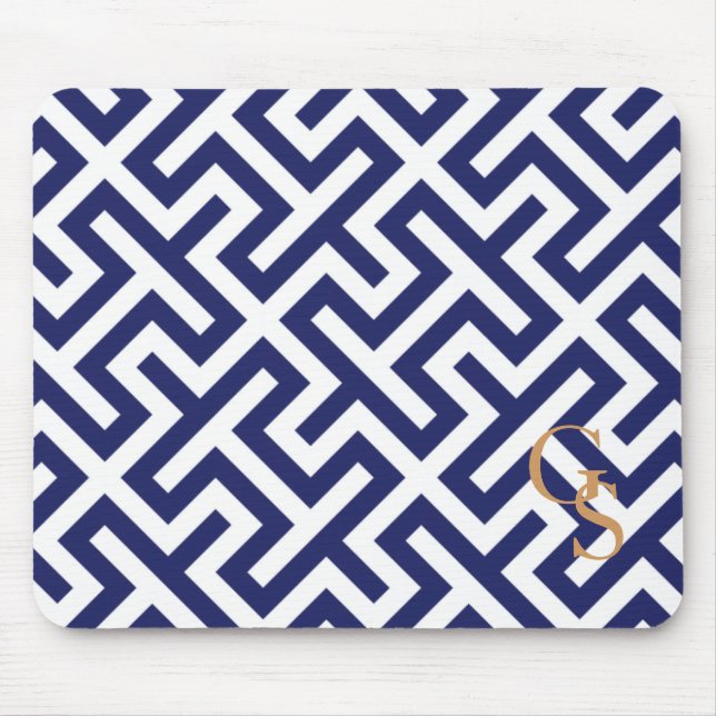 Modern blue abstract geometric patterns monogram mouse mat (Front)