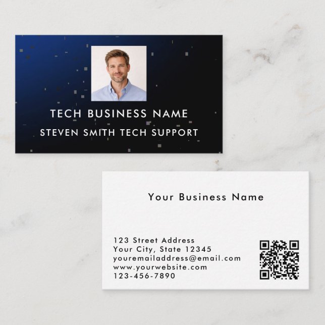 Modern Blue Add Photo & QR Code Tech Professional Business Card (Front/Back)