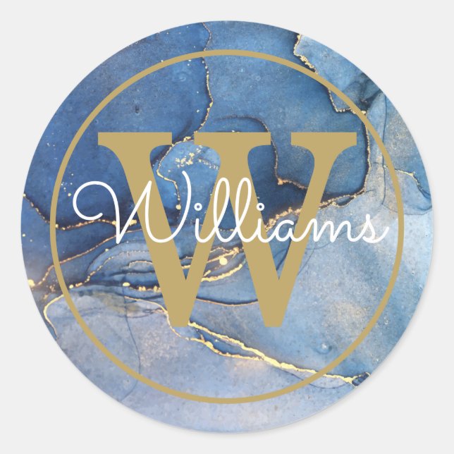 Modern Blue Agate Geode Gold Monogram Script Classic Round Sticker (Front)