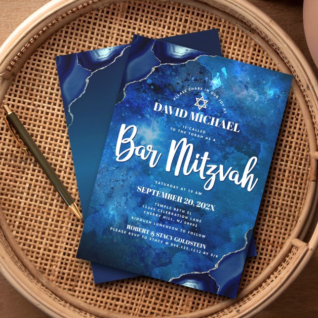 Modern Blue Agate Watercolor Script Bar Mitzvah Invitation (Creator Uploaded)