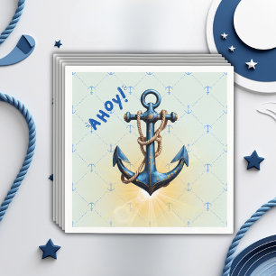 Modern Blue Ahoy! Anchor Nautical Baby Shower Napkin