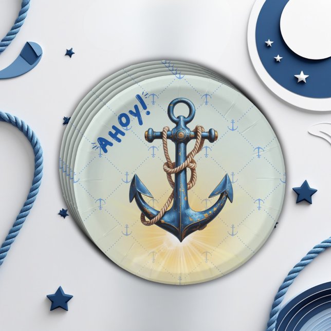 Modern Blue Ahoy! Anchor Nautical Baby Shower Paper Plate (Creator Uploaded)