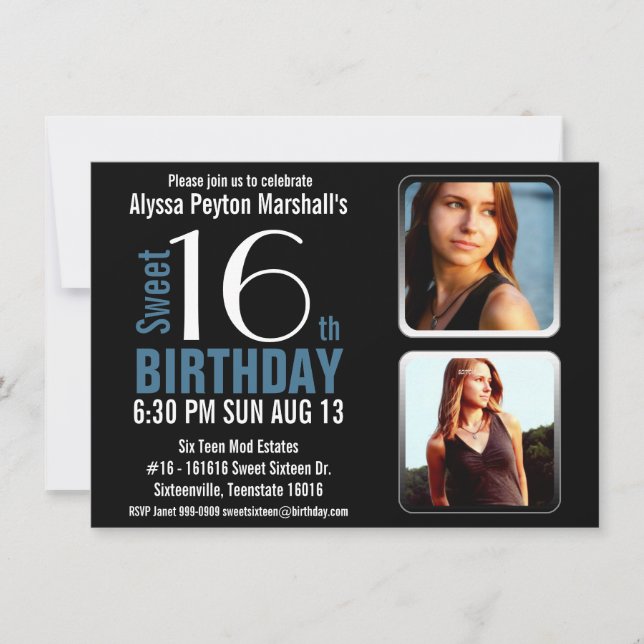 Modern Blue and Black 2 Photos Sweet 16 Party Invitation (Front)