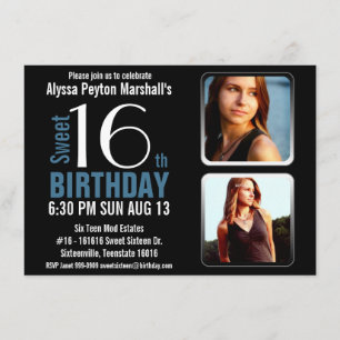 Modern Blue and Black 2 Photos Sweet 16 Party Invitation