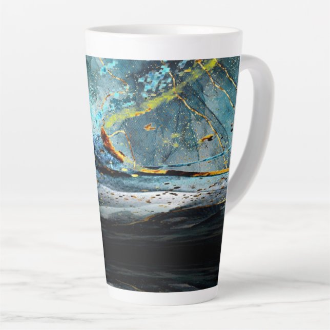 Modern Blue and Black Abstract Wave Latte Mug (Right Angle)