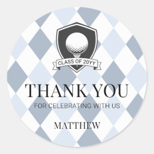 Modern Blue and Black Golf Graduation Thank You Classic Round Sticker