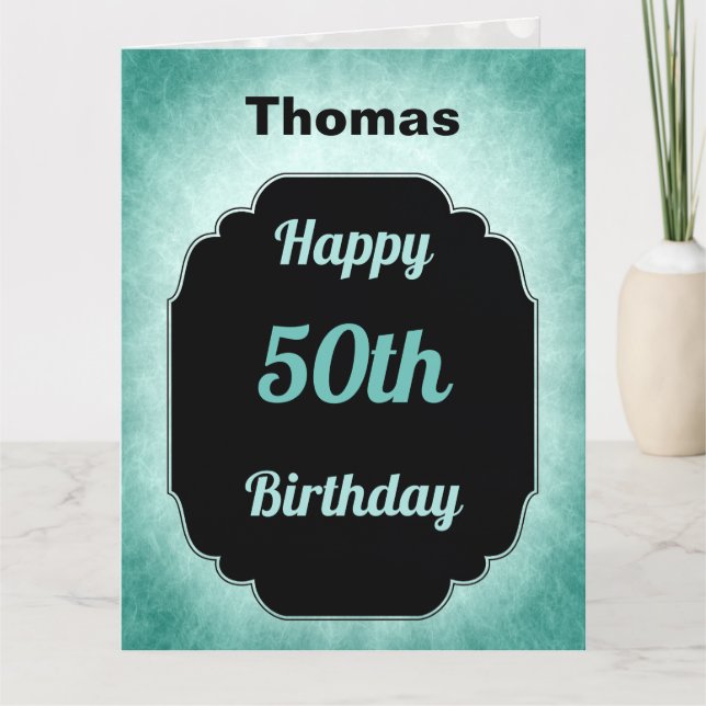 Modern blue and black masculine 50th Birthday Card (Front)