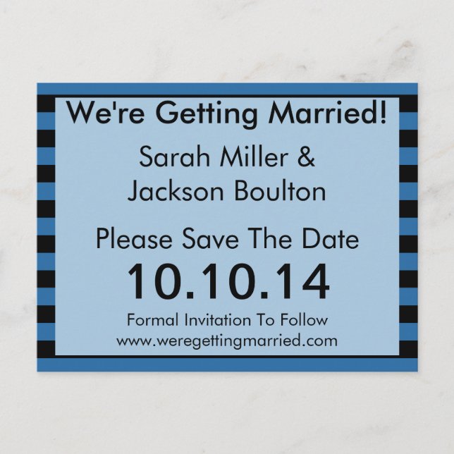 Modern Blue and Black Stripe Save The Date Announcement Postcard (Front)