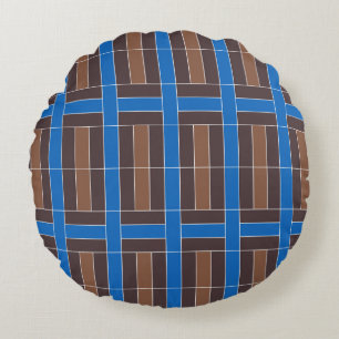 Modern Blue and Brown Geometric Plaid Pattern Round Cushion