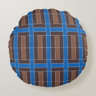 Modern Blue and Brown Geometric Plaid Pattern | Round Cushion