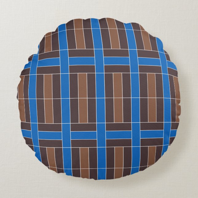 Modern Blue and Brown Geometric Plaid Pattern | Round Cushion (Front)