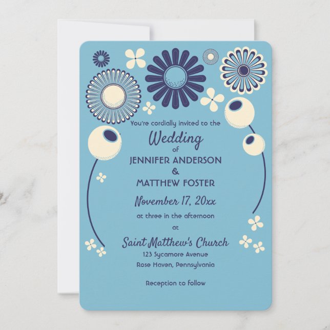 Modern Blue and Cream Geometric Flowers Wedding Invitation (Front)
