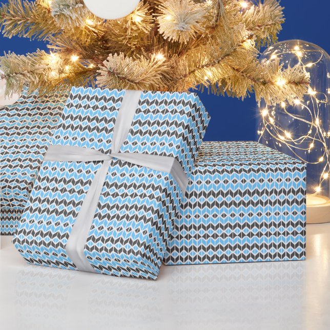 Modern Blue and Dark Grey Herringbone Geometric Wrapping Paper (Holidays)