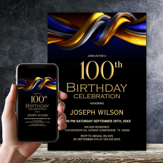 Modern Blue and Gold 100th Birthday Party Invitation (Creator Uploaded)