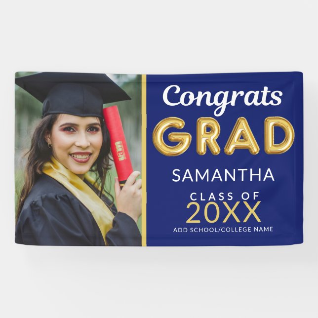 Modern Blue And Gold 1 Photo Congrats Grad  Banner (Horizontal)