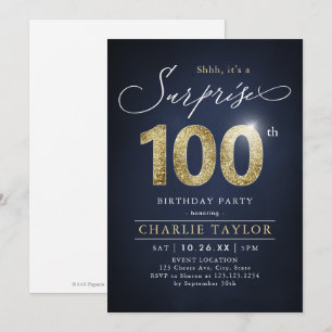 Modern blue and gold adult surprise 100th birthday invitation
