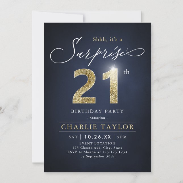 Modern blue and gold adult surprise 21st birthday invitation (Front)