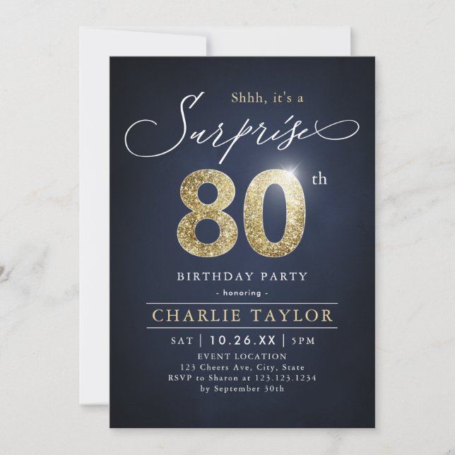 Modern blue and gold adult surprise 80th birthday invitation (Front)