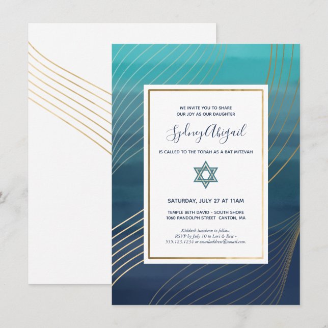 Modern Blue and Gold Bat Mitzvah or Bar Mitzvah Invitation (Front/Back)