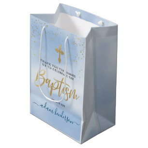 Modern Blue And Gold Boy Baptism Thank You Medium Gift Bag