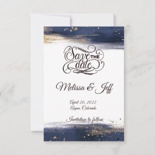 Modern blue and gold brushstrokes save the date