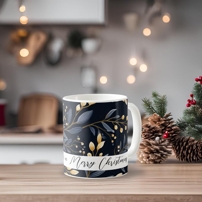 Modern Blue And Gold Christmas Leaf Coffee Mug (Gold and Blue Leaf Merry Christmas Coffee Mug)