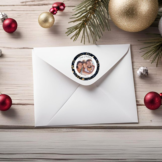 Modern Blue And Gold Christmas Leaves Photo Classic Round Sticker (Blue and Gold Christmas Leaves Photo Sticker)