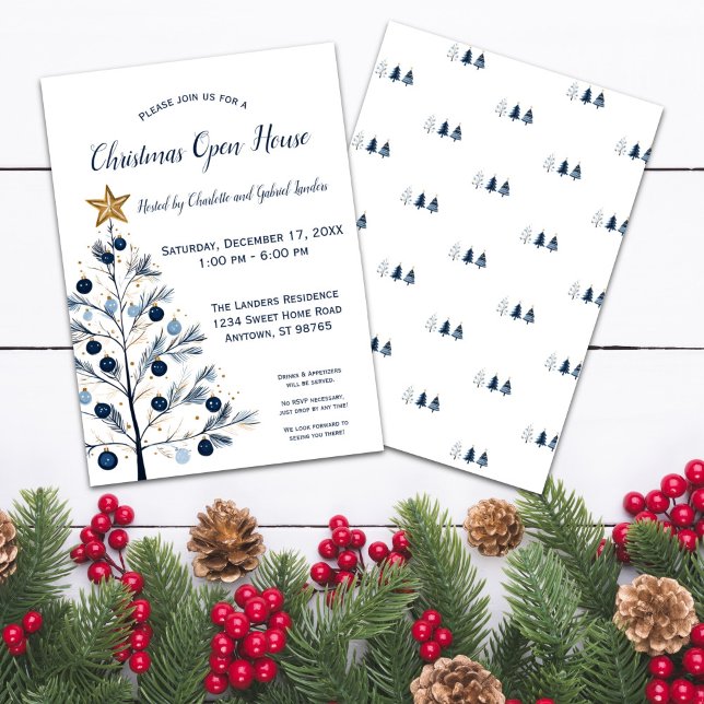 Modern Blue and Gold Christmas Tree Open House Holiday Card (Front and Back Modern Christmas Tree Christmas Open House Invitation)