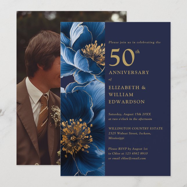 Modern Blue And Gold Floral 50th Anniversary Photo Invitation (Front/Back)
